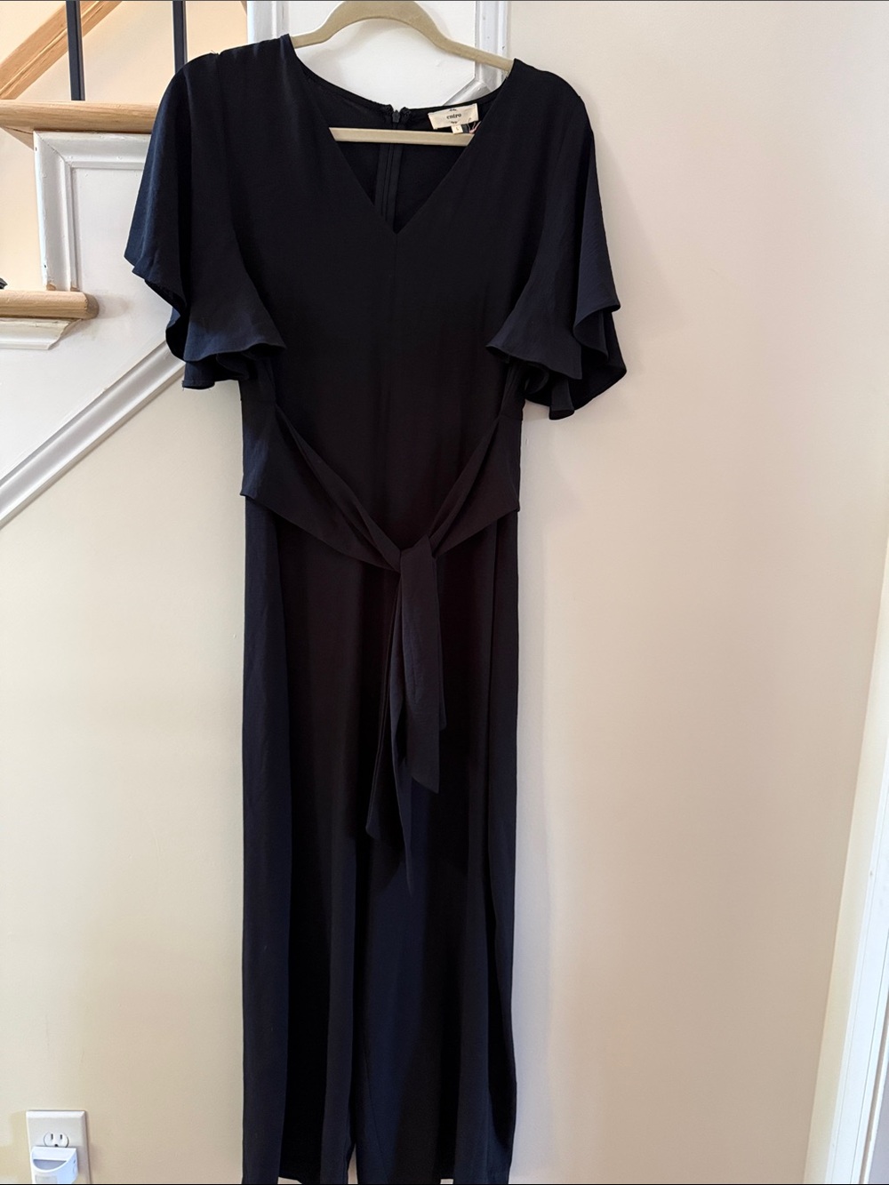 entro Navy V-Neck Flutter Sleeve Jump Suit with Waist Tie